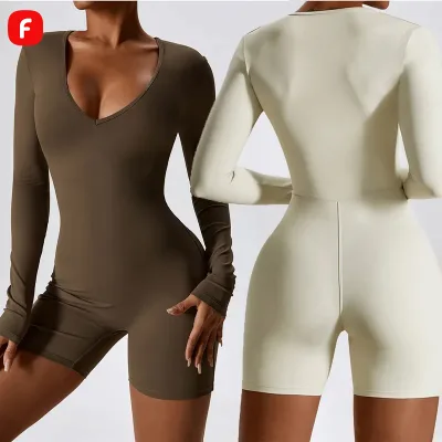 New Arrival Womans Blue Active Wear Long Sleeve Athletic Bodysuit Deep V Neck Women Jumpsuit