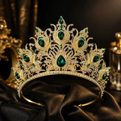Luxury Green Crystal Bridal Crown Vintage Gold Rhinestone Tiara Pageant Wedding Hair Accessories Queen Diadem for Bride Party