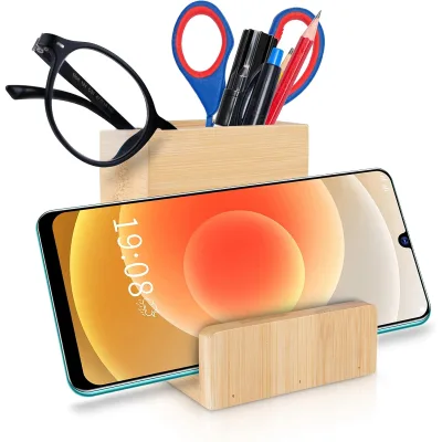 Bamboo Pen Pencil Holder for Desk with Phone Stand Multi Purpose Bedside or Desktop organizer Eyeglasses Holder Remote Holder