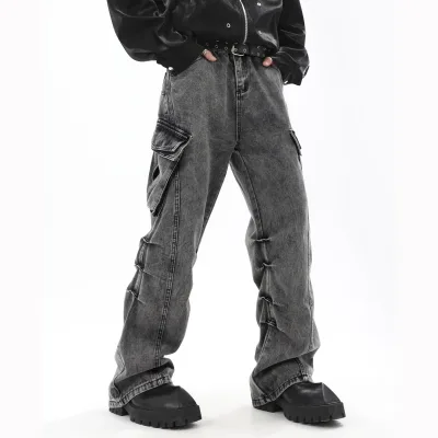 Stacked Straight-Leg Cargo Denim Jeans Baggy Side Darts and Big Pockets Design Wash Gray Denim Pants Cool Street Style Durable