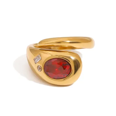 Hand Crafted 18K Gold Stainless Steel Snake Open Ring Red Zircon Oval Shaped Chunky Rings