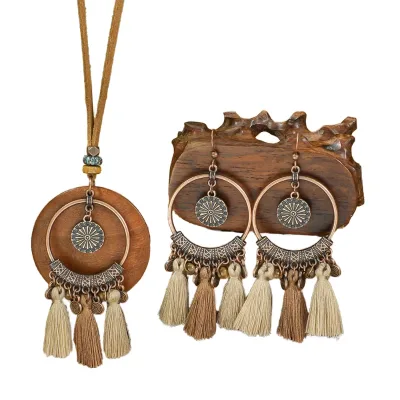 Cross Border Earrings Necklace Bohemian Vintage Geometric Leaf Metal Earrings and Double Layer Pendant