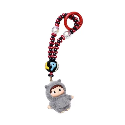 New cute long string Labubu beaded keychain High Quality Mini Flocked Labubu Have a Seat Doll Diy Jewelry Accessories Keychain