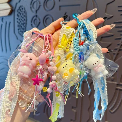 HECION 2026 Handmade DIY Beaded Bear Keychain Squeeze Toy Charm Cute Cartoon Bear Pendant Bag Charm Fashion Accessories Gift