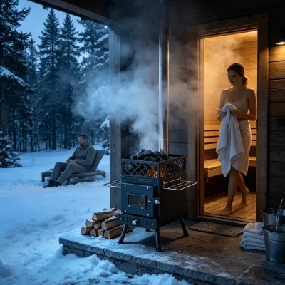 Black Carbon Steel Wood Burning Sauna Stove With Mesh Stone Basket Observation Glass Door for Outdoor Sauna Cabin