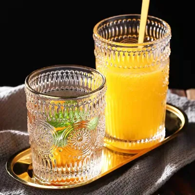 Wholesale Coffee Glass Juice Mugs 380ml Glass Drinkware Retro Embossed Glass Cup Without Handle