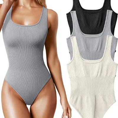 Stretch Sleeveless Tank Top One Piece Skinny Bottom Ribbed Jumpsuits Elegant Women Bodysuit Tops Autumn