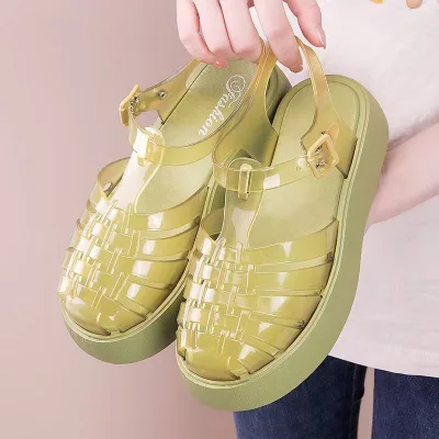 Foreign Trade Large Size Solid Color Baotou Sandals for Women 2025 Cross Border Summer Round Knitted Sandals for Women