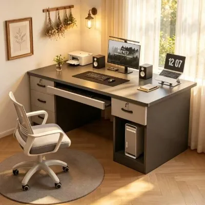 Modern Solid Wood Home Office Computer Desk with Drawers Side Cabinet Ergonomic Workstation Design for Study Remote Work Villa