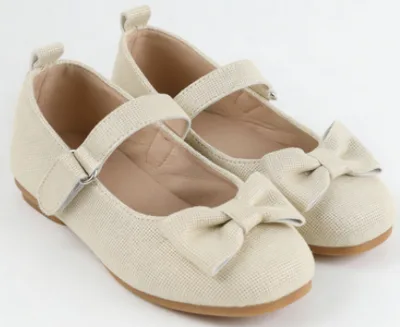 Canvas Dress Shoes Beige Mary Jane with Bow Adjustable Strap Non Slip Rubber Sole Comfortable Party Footwear