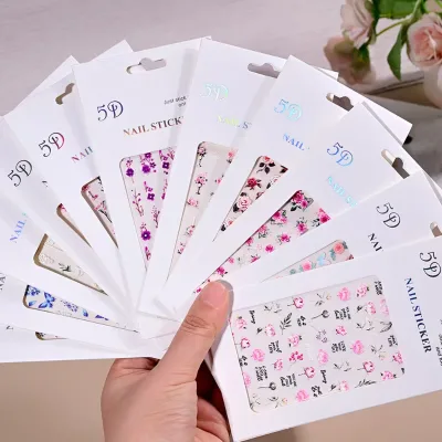 NEW 3D Embossed Sakura Flower Nail Art Stickers Plastic Self-Adhesive Non-Toxic Lavender/Rose/Leaves Nail Decals Spring Blossom