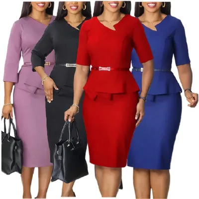 Trendy V-neck Half Sleeve Ruffle Big Size Bodycon Spandex Pencil Ladies Office Women Formal Work African Vitenge Career Dress