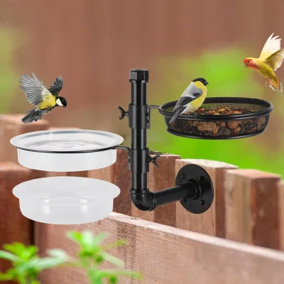 Wall Mounted Bird Feeder With Detachable Tray and 2 Water Bowls for Balcony Yard Fence and Tree Black