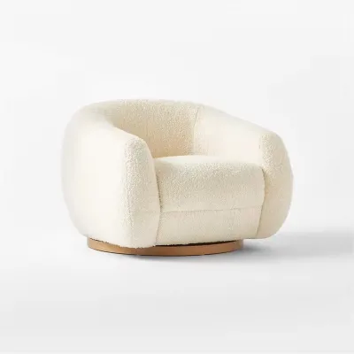 Lambswool Lazy Sofa Cream White Boucle Fabric Chair Lamb Wool Lounge Chair Swivel Cushion 360 Degree Rotating