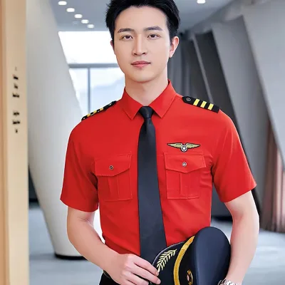 Navy Short Sleeve Polyester Airline Uniform Shirt for Pilot Captain Flight Attendant Unisex