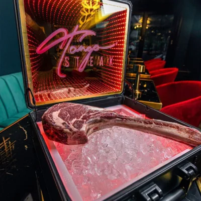 Custom Logo Lighted Mirror Beef Suitcase Meat Carrier Box LED Steak Briefcase Glorifier Display Case Restaurant Set Portable