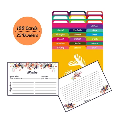 Kitchen Floral Notecard Packed in Box - 100 Recipe Cards 4x6 Double Sided and With Divider Tabs