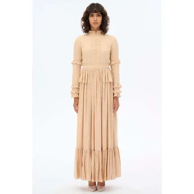 HIGH COLLAR LACE DRESS - Beige
