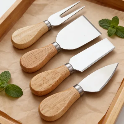 4pcs Eco-Friendly Dishwasher Safe Cheese Knife Tool Set with Stainless Steel Blades and Wooden Handles