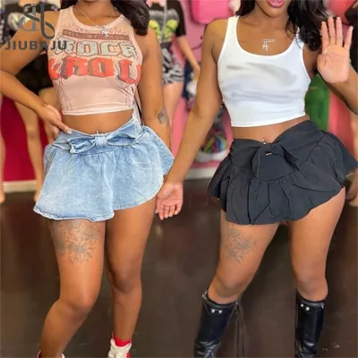 Sexy Camisole Two-piece Set Y2K Graphic Tank Tops+Denim Mini Skirt Streetwear for Women