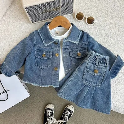 New Arrival Fashion Autumn Denim Clothes Set Girls Solid Denim Jacket Coat and Ruffle Skirt 2 Pieces
