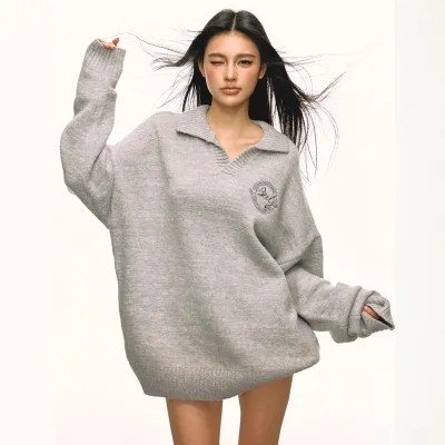 Europe Plus Size Knitted Sweater Dress Women Loose Casual Ladies Jumper V-neck Long Sleeve Turn-down Collar Sweater