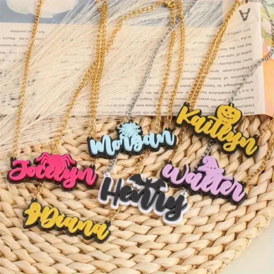 Qiuhan Custom Gothic Halloween Acrylic Name Necklace with Pumpkin Ghost Bat Charms Personalized Gothic Jewelry Gift