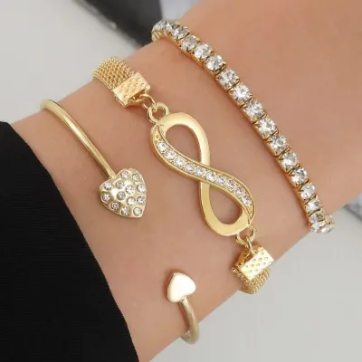 Fashion Women Bracelet Alloy 3-Piece Set Simple Style Diamond Inlay Jewelry Bracelets Daily Wear Accessories