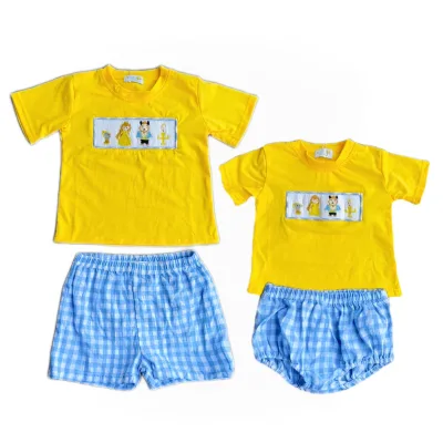 YI HUI ODM Certified 100% Cotton Casual Children's Clothing Smocked Yellow Seahorse Boy Set Animal Pattern Spring Summer Autumn