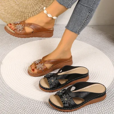 Women's Fashionable Summer Wedge Sandals Cross-Border Foreign Trade Plus Size Thick-Soled Roman Slippers Wholesale