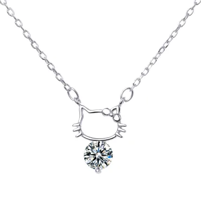 New Jewelry 925 Sterling Silver Cat Pendant Necklace With Rhinestone Ball Cute Kitties Necklace for Women Kids