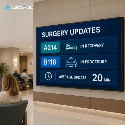 Wide LED Patient Journey Board P1.86 for Hospital Surgical Family Lounge with high refresh and front service Fixed Installation