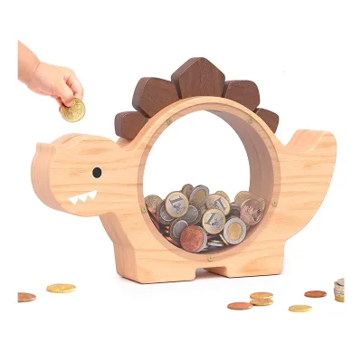 Wooden Dinosaur Piggy Bank for Boys, Cute Dino Money Bank for Kids Toddlers, Unbreakable Wood Coin Bank, Creative Saving Money