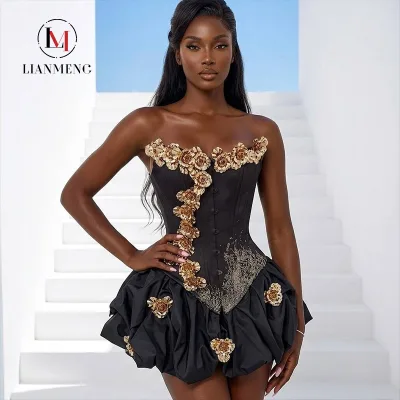 LM D343 Strapless Black Corset Mini Dress 3D Crystal Appliques Bubble Skirt A-Line Natural Waist Satin Party Evening Gown