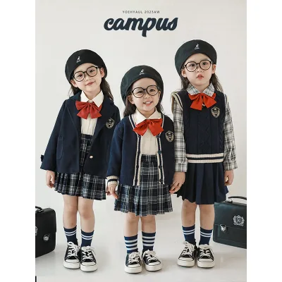 Girls' Retro Cable British College Style Suit Children's Contrast Striped Cardigan Pleated Skirt Multi-piece Set