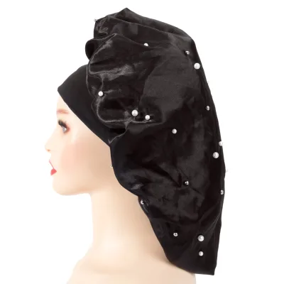 Solid Color Diamond Pearl Bonnet Soft Double Layer Silky Hair Bonnets Oversized Wide Band Satin Sleep Hat