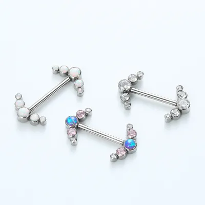 ASTM F136 Internally Threaded Nickle Free Barbell Nipple With Bezel Set 5 CZ Gem or Cabochon Opal Cluster