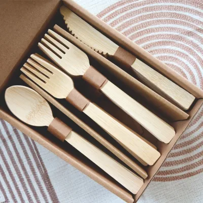 Picnic Camping Accessories Preroll Bamboo Knife Spoon Fork with Napkin Cutlery Set in Case