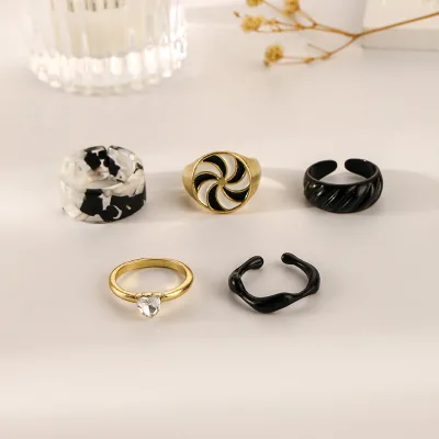 European and American Fashion Black and White with Acetic Acid Plate love Windmill Multimatch Ring Set Wholesale