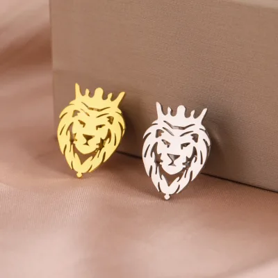 Crown Lion Pin Brooch for Men Women Stainless Steel Punk Animal Suit Collar Badges Wedding Jewelry Gift Wholesale
