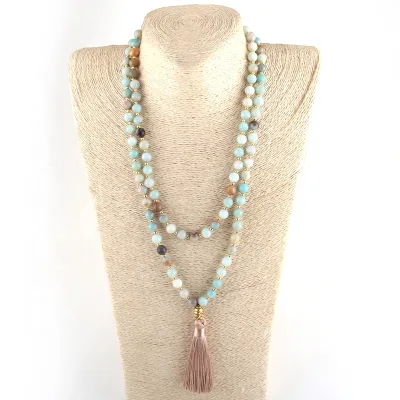 Women Yoga Necklace Amazonite Stone Buddha Charm Pendant Necklace 108 Beads Mala Necklace