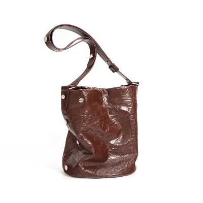 Vintage Pleated Designer Genuine Leather Bucket Bag for Women Large Size Office Lady Fashion Shoulder Bag