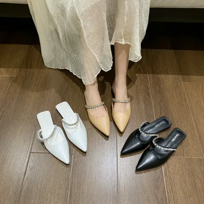 Women's Elegant Shoes Pointed Toe Slip on Shoes Mules Heel Rhinestone Slippers Flat Heels Sandals Rhinestone Mule Low Heel Mules