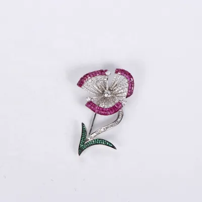 Fashion Ruby Wedding Garment Crystal Brooch Flower Enamel Pin Brooches Womens 925 Silver Jewelry