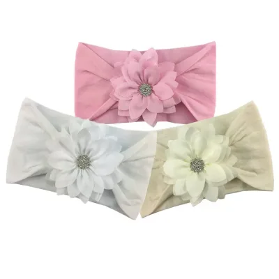 Soft Nylon Headbands with Rhinestone Center Fabric Lotus Flower