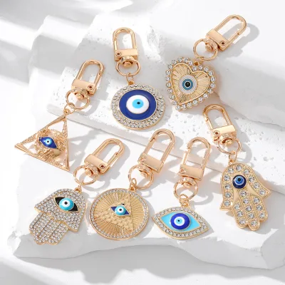 Retro Fatima Evil Eye Keychain Gold Plated Blue Devil's Eye With Diamond Lucky Protection Energy Keychain