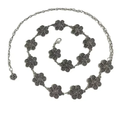 Vintage Ladies' Waist Belt Decorative Hollow Metal Flower Chain for Skirts and Pants Alloy Material