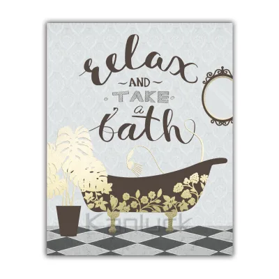 "Relax and Take Bath" Embellished Canvas Painting Art With Gold Foil for Bath Room Home Decor