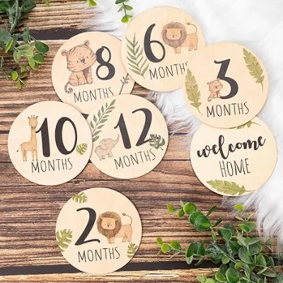 Baby Monthly Milestone Cards Sign Double Sided Animals Marker Wooden Circles Discs Newborn Photography Prop