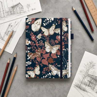 Wholesale Matte Hardcover Notebook Vintage Butterfly Botanical Print Elastic Band Writing Pad for Art Gifting